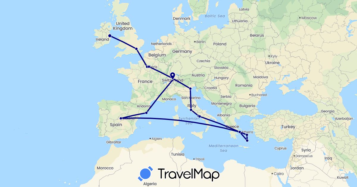 TravelMap itinerary: driving in Switzerland, Spain, France, United Kingdom, Greece, Ireland, Italy (Europe)